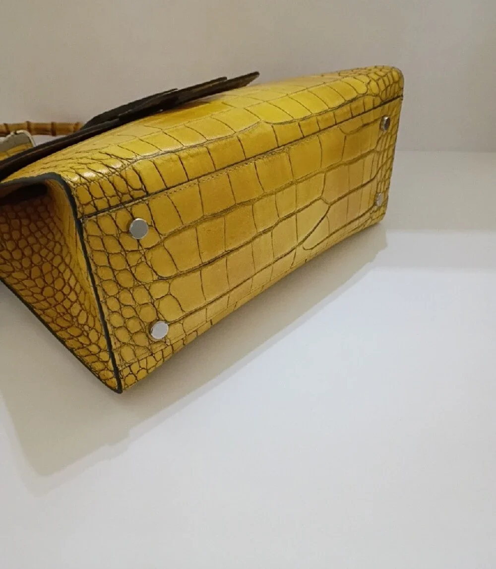 Yellow Leather Croc-Embossed Top Handle Bag with Bamboo Accent